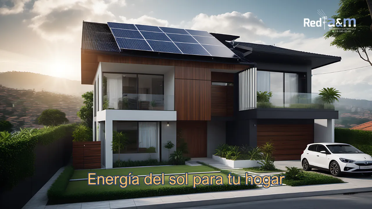 Hogar en Medellín con paneles solares en el techo y cielo parcialmente nublado.