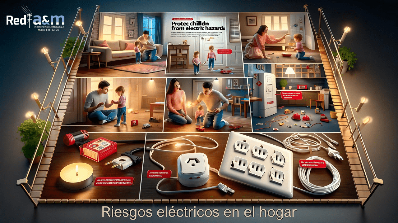 Imagen detallada de un hogar seguro para niños con medidas de seguridad eléctrica, incluyendo la enseñanza de un padre a su hijo sobre prevención de riesgos eléctricos en el hogar, por parte de Red A&M Ingeniería Eléctrica.