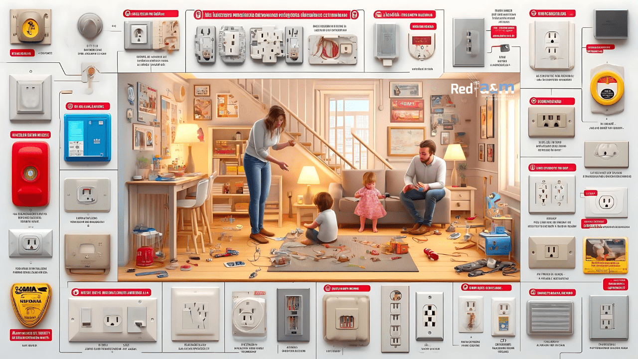 Imagen horizontal realista de un hogar con medidas de seguridad eléctrica, mostrando a padres enseñando a sus hijos sobre seguridad eléctrica, de la empresa Red A&M Ingeniería Eléctrica.