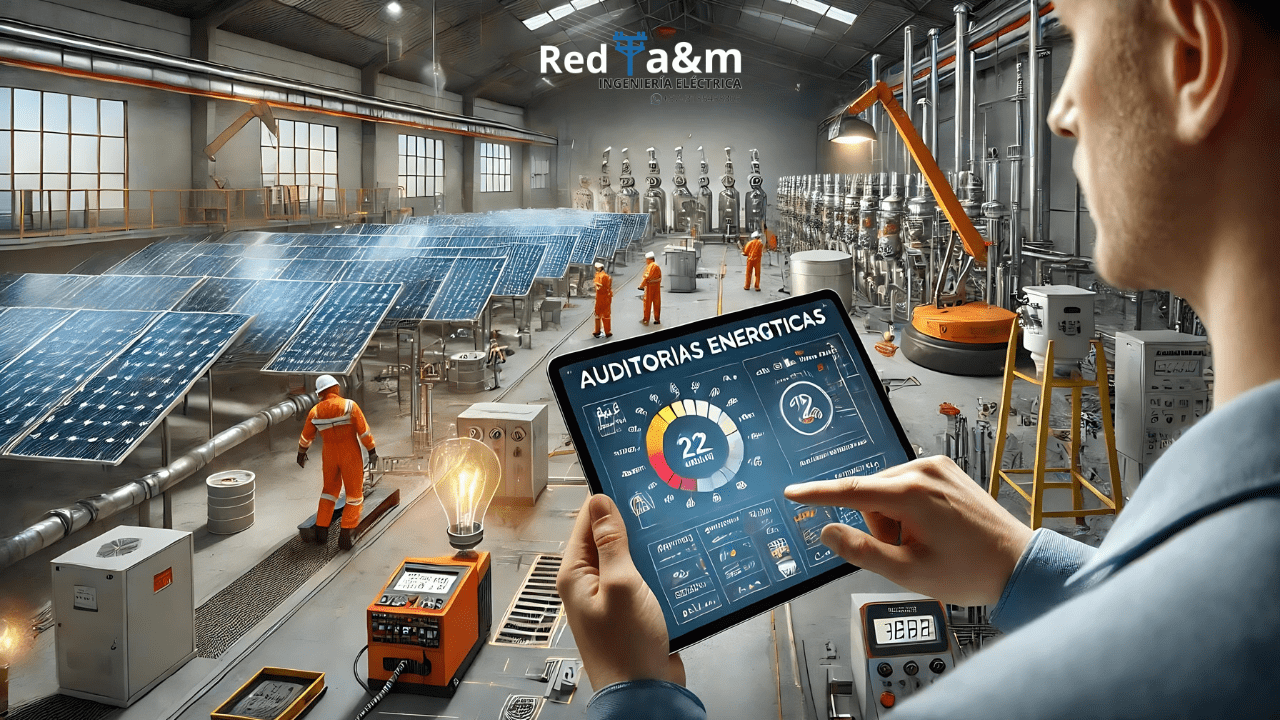 Auditorías energéticas en entorno industrial con ingenieros analizando datos y equipos solares.