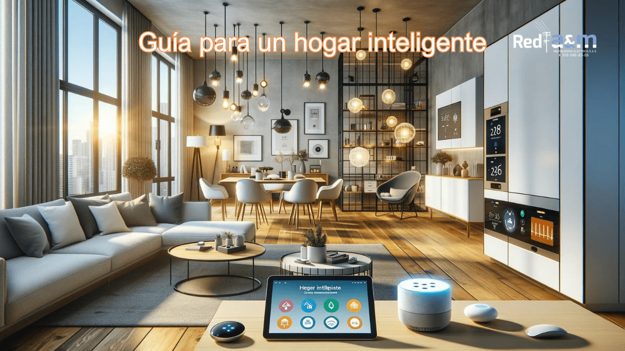 Espacio de sala y comedor con tecnología domótica integrada, destacando luces inteligentes y termostatos.