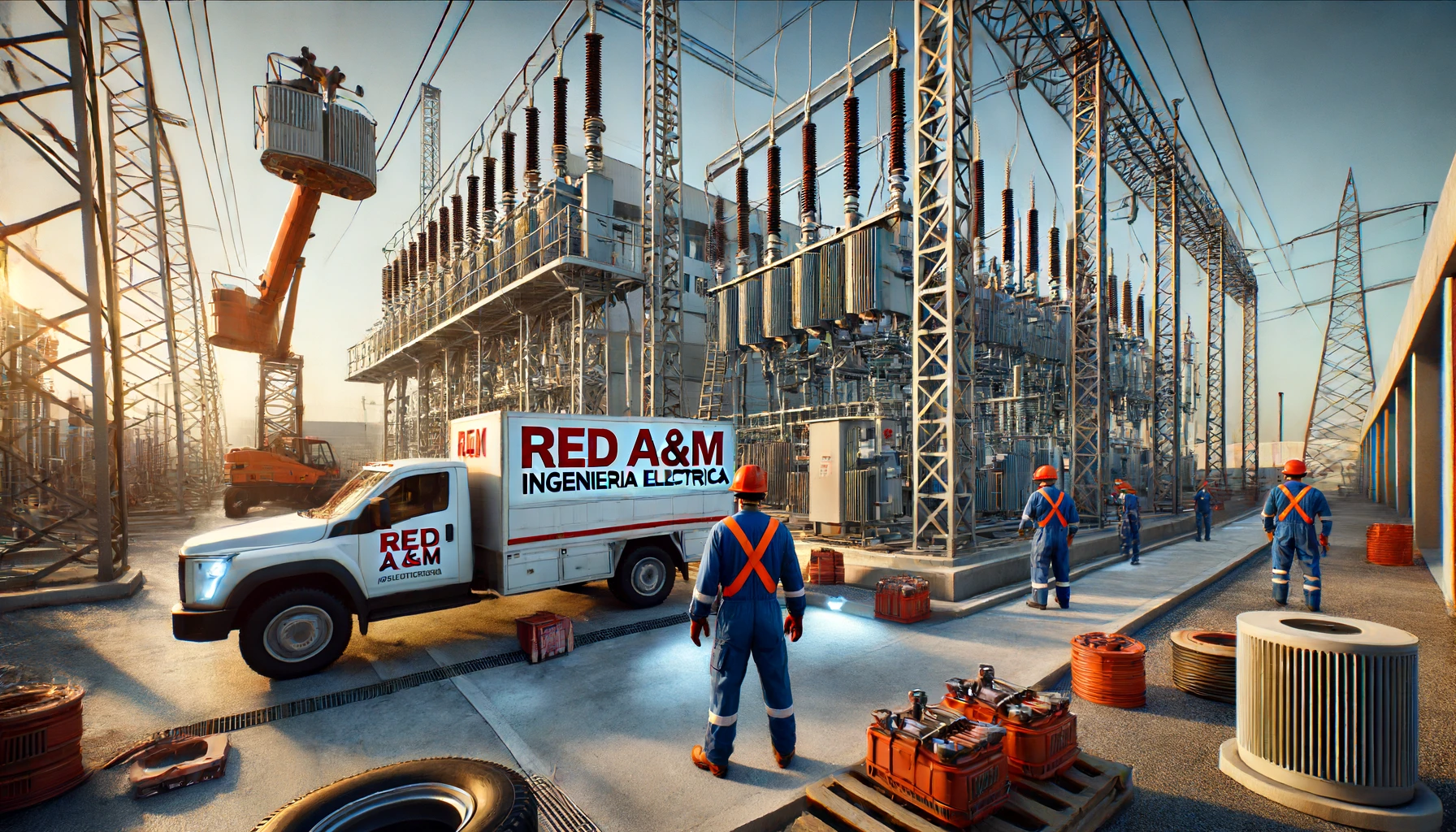 Imagen de un proyecto de ingeniería eléctrica moderno de Red a&m Ingeniería Eléctrica, con ingenieros trabajando en instalaciones eléctricas en un entorno industrial.