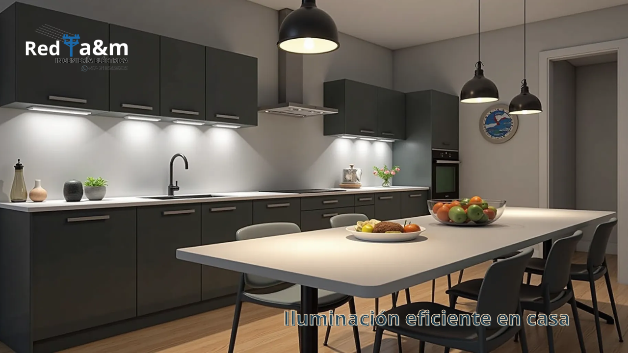 Iluminación eficiente en casa: Cocina contemporánea con luces LED eficientes y diseño funcional