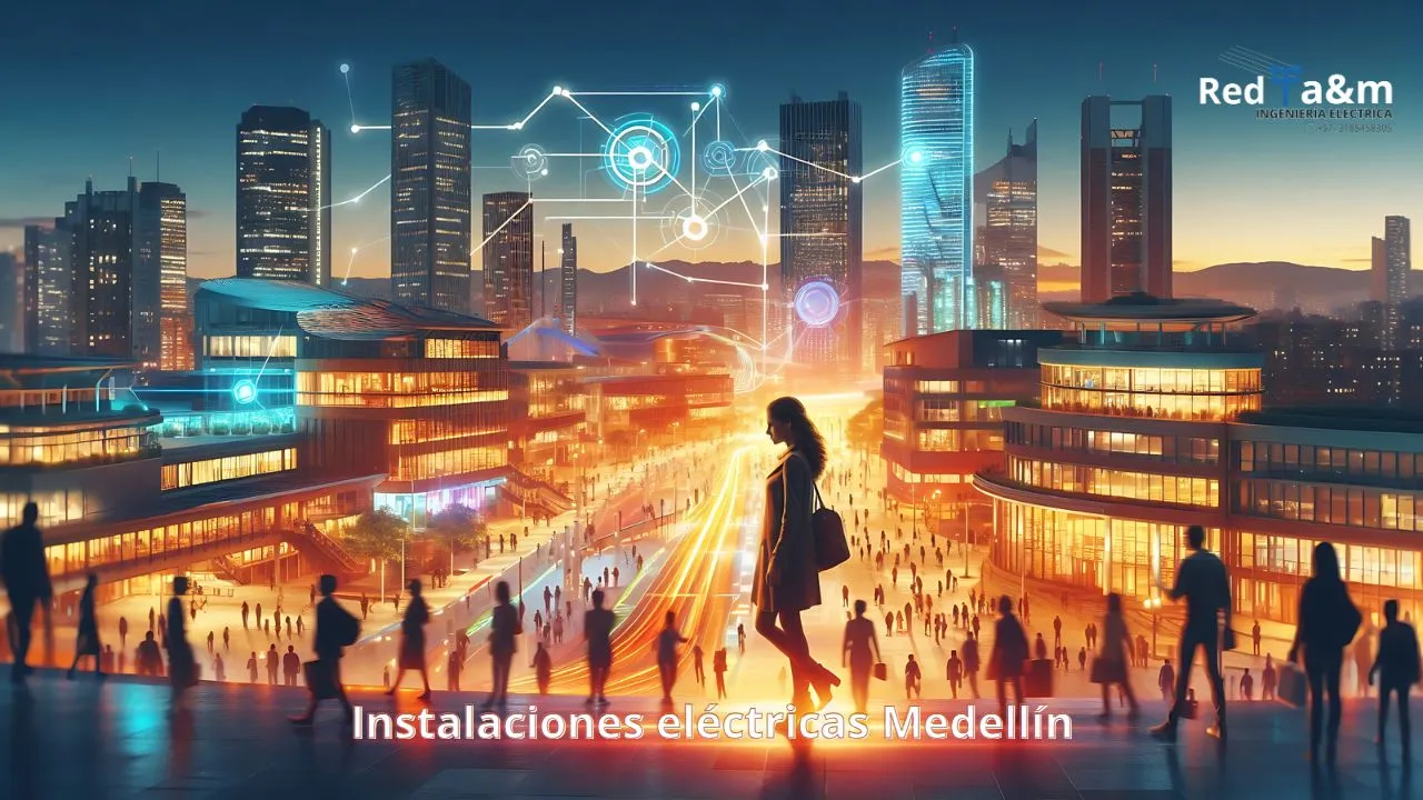 Ciudad iluminada con diagrama de red eléctrica en el fondo, representando la importancia de las instalaciones eléctricas en Medellín.