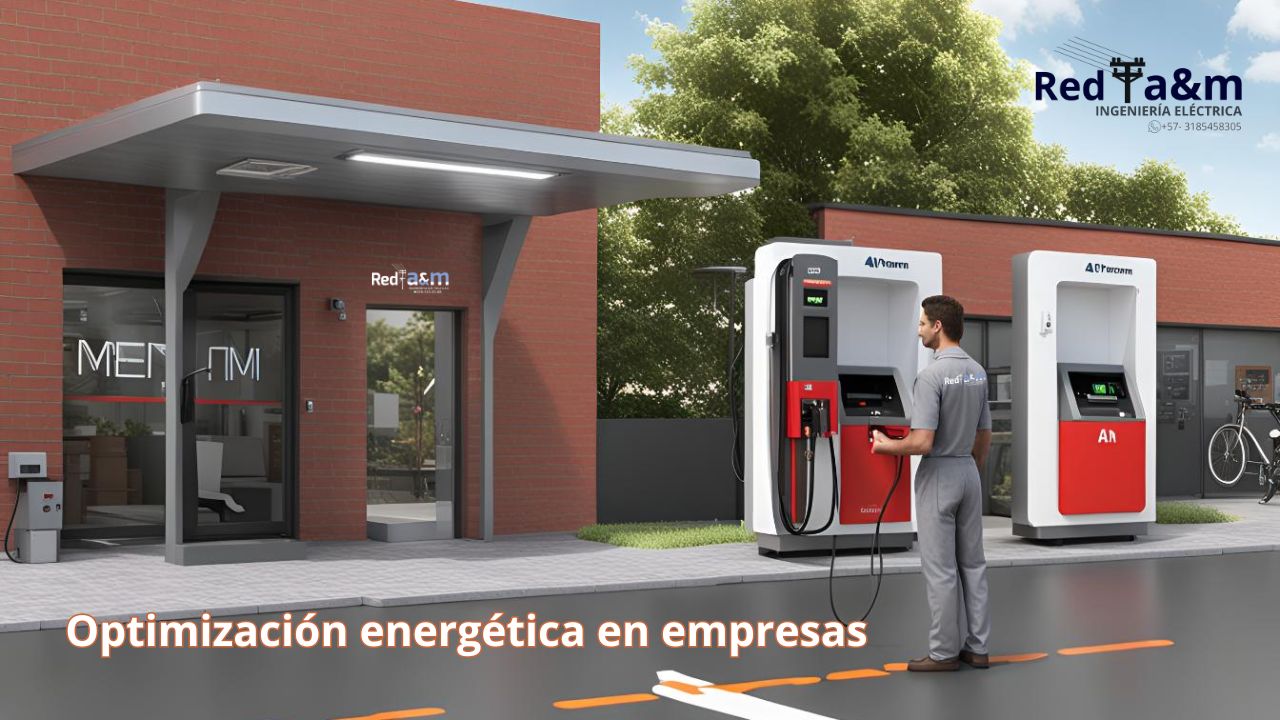 Optimización energética en negocios con un técnico de Red A&M Ingeniería Eléctrica revisando una estación de carga eléctrica.