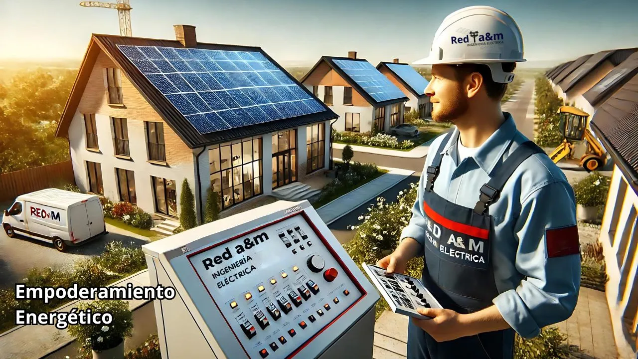 Paneles solares en los techos de una zona semi-residencial con un ingeniero inspeccionando un panel de control, simbolizando el empoderamiento energético.