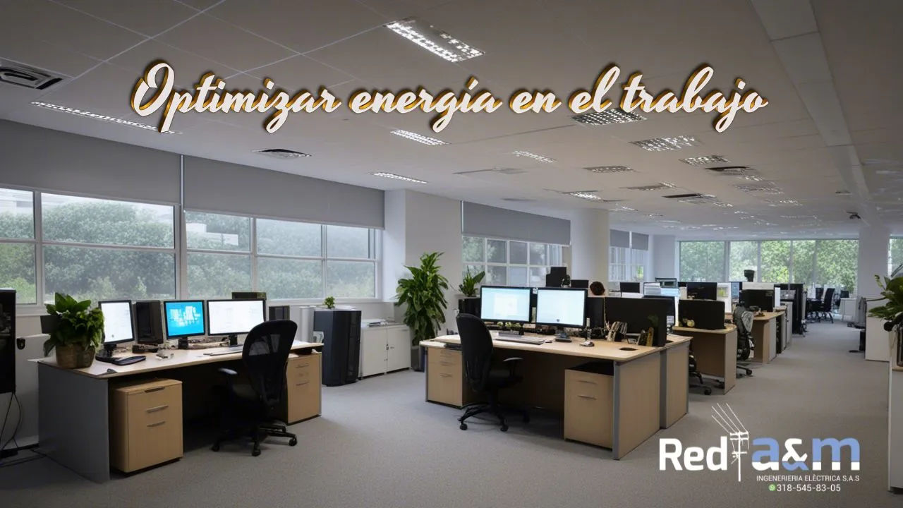 Oficina eficiente con empleados aplicando estrategias para optimizar energía en el trabajo, con luz natural, equipos LED y el logo de Red A&M Ingeniería Eléctrica.