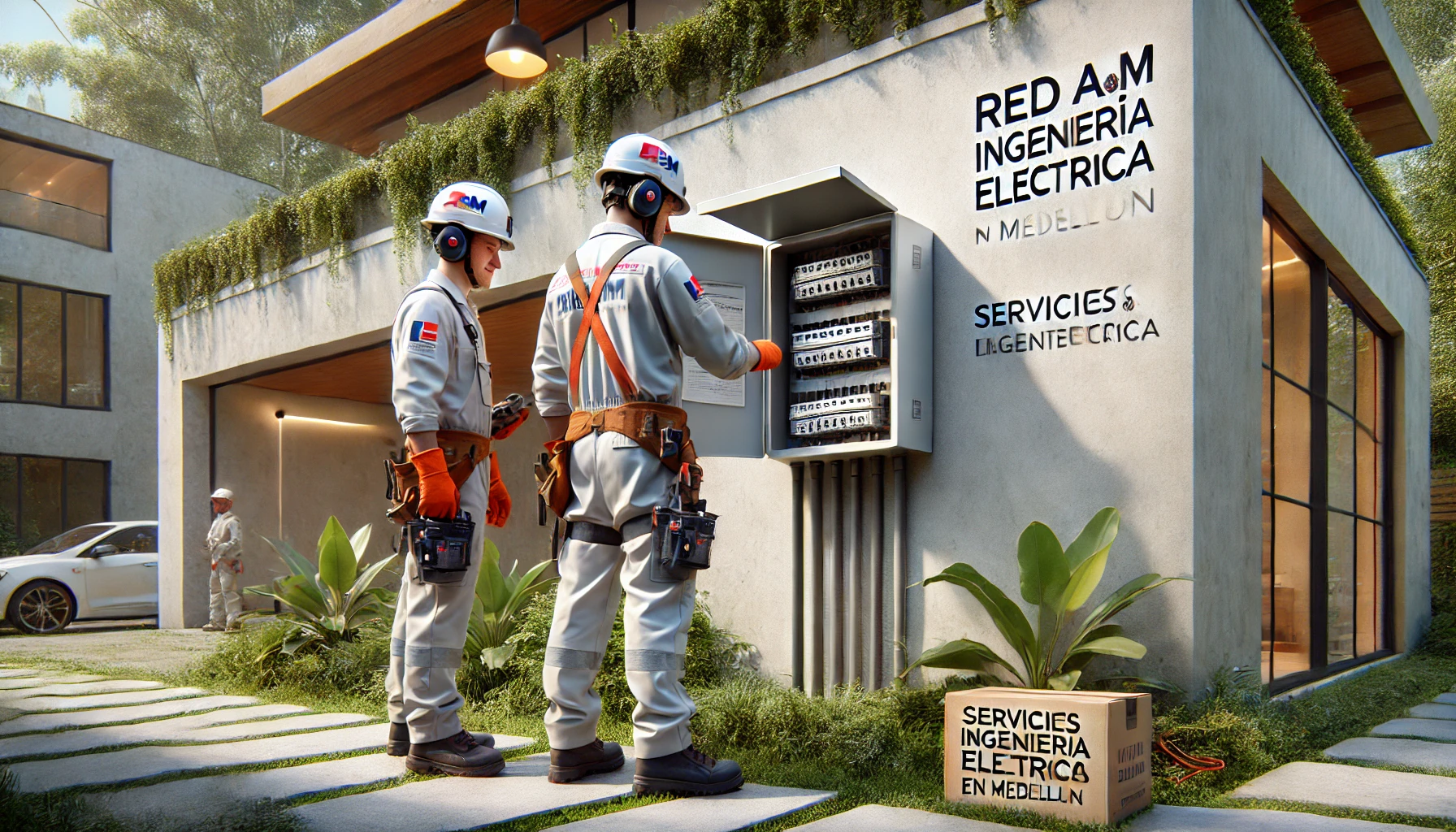 Ingenieros eléctricos Medellín en un entorno residencial con dos profesionales de Red a&m