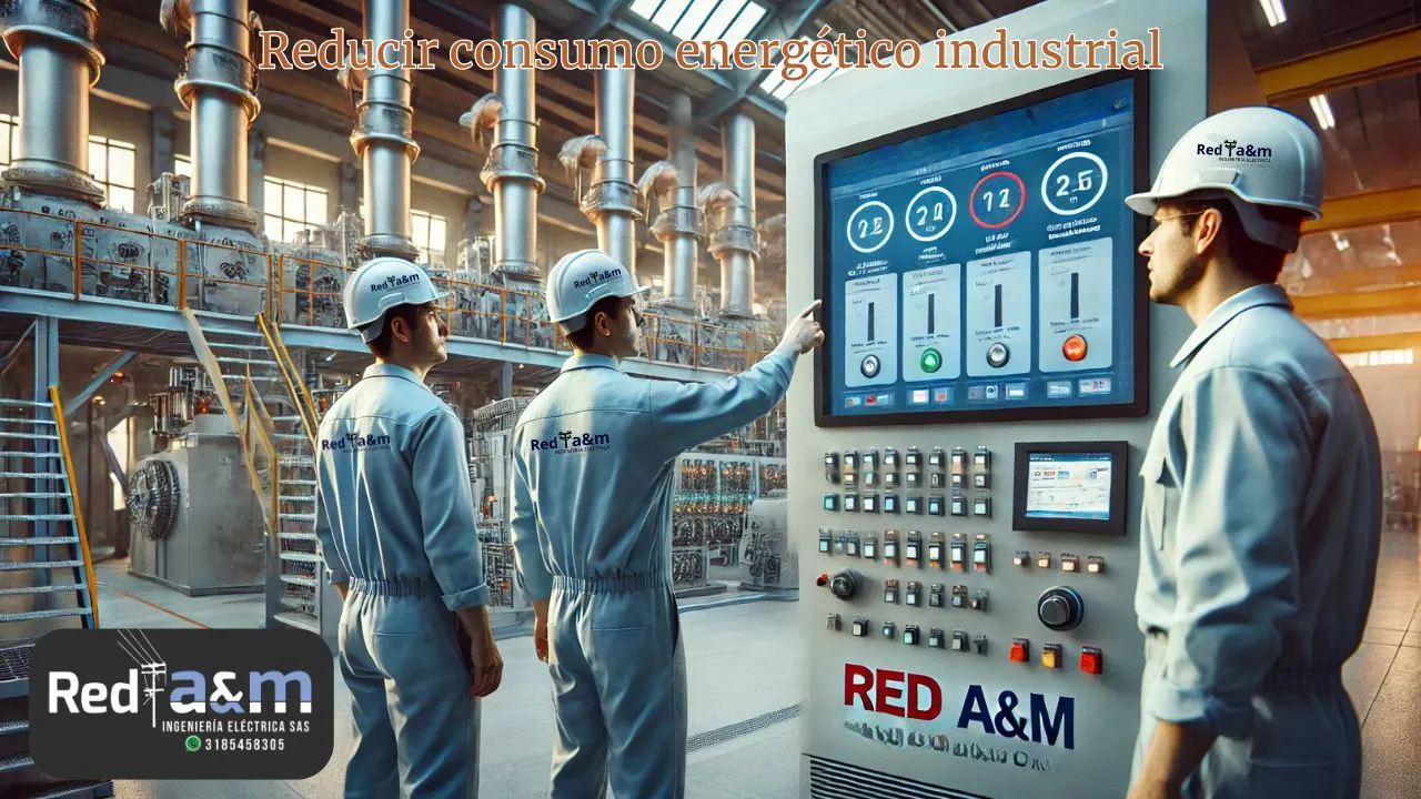 Reducción del consumo energético industrial en fábrica con ingenieros monitoreando equipos.