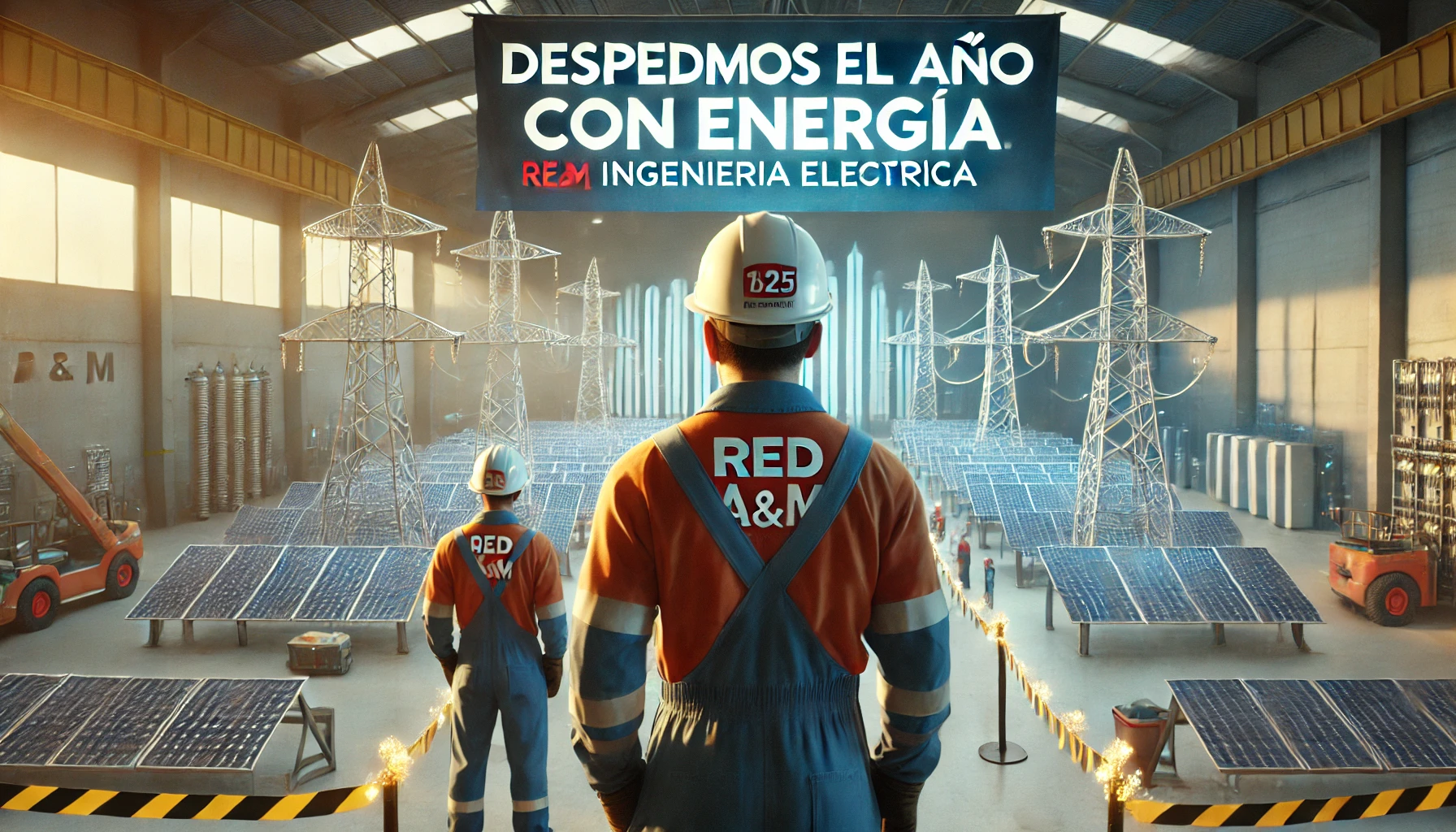 Celebración de fin de año en Red A&M Ingeniería Eléctrica despedimos el año con energía renovable y tecnología sostenible, representando los logros de 2024 y visión para 2025