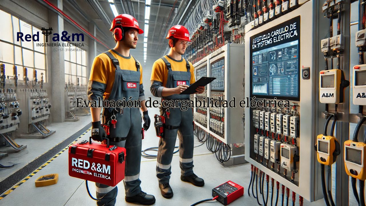 Dos técnicos de Red A&M Ingeniería Eléctrica colaborando en un análisis de capacidad eléctrica en un entorno profesional.