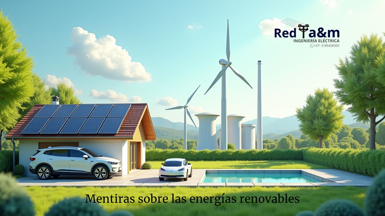 Casa autosostenible con paneles solares, turbina eólica y coche eléctrico cargándose, mostrando los beneficios de las energías renovables.