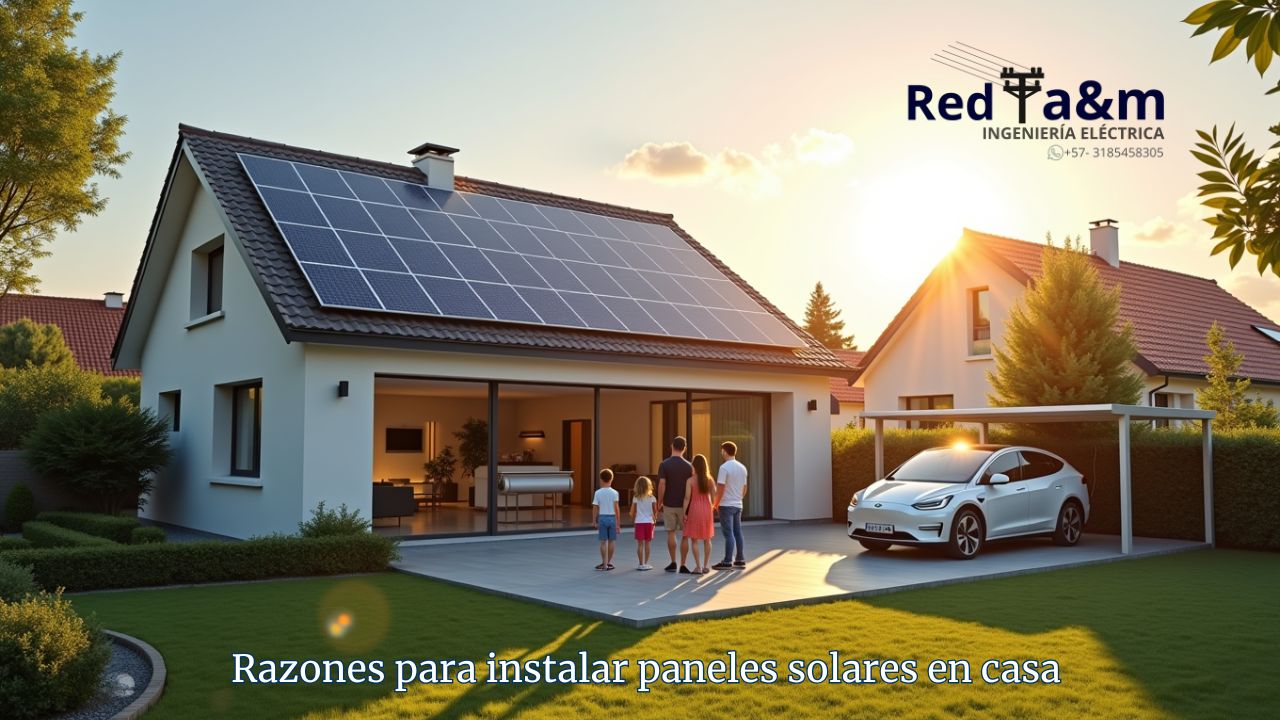 Beneficios de energía solar residencial: Casa con paneles solares y familia disfrutando del ahorro energético.