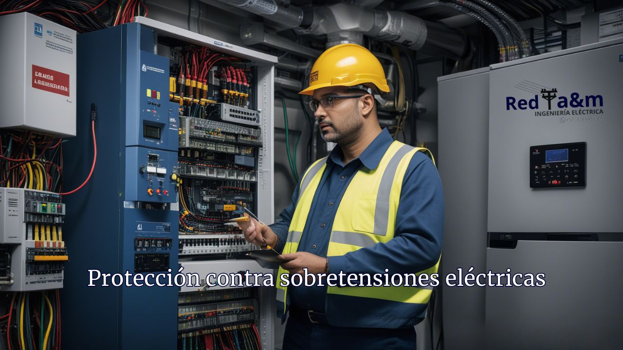 Protección contra sobretensiones en dispositivos eléctricos residenciales con un ingeniero revisando la instalación eléctrica.