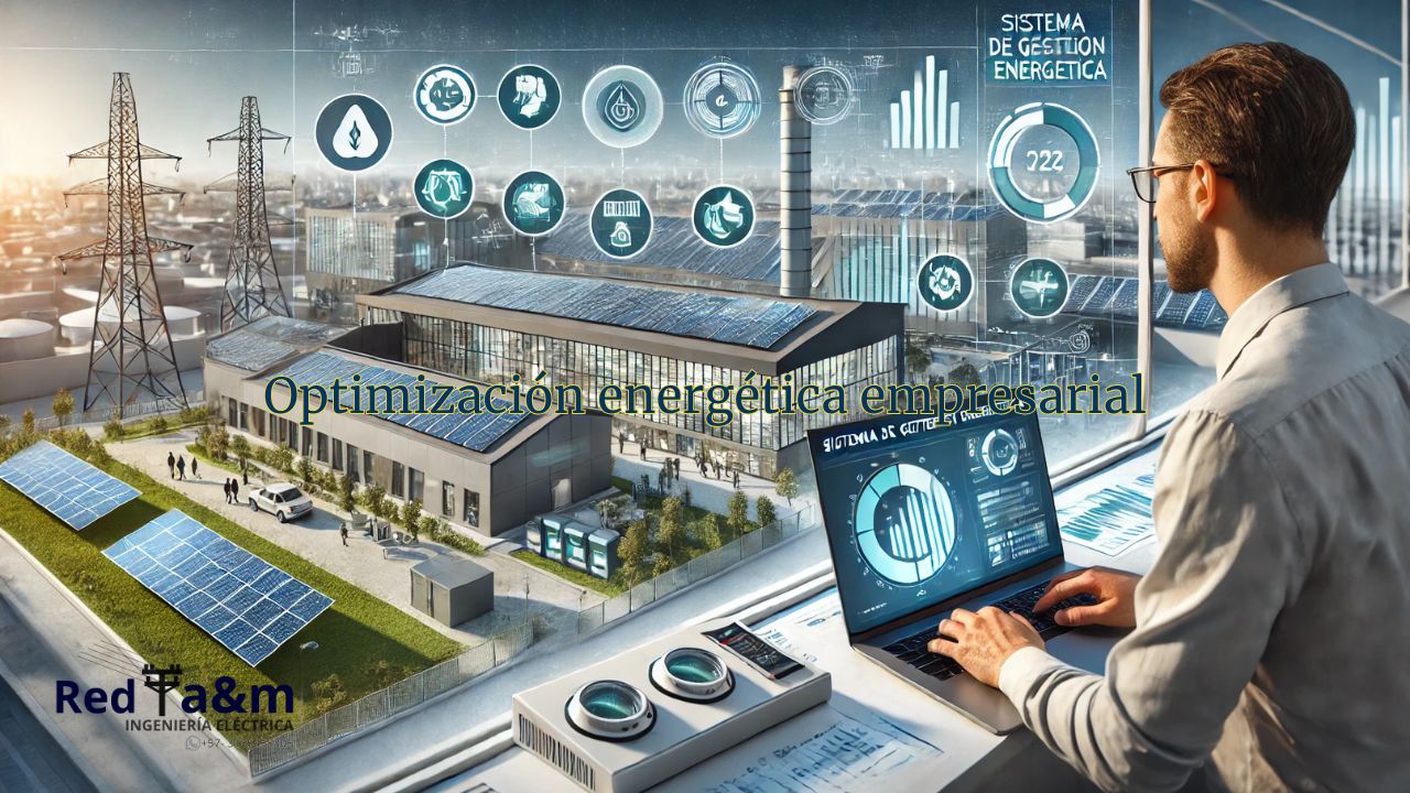 Ingeniero de Red a&m revisando sistema de gestión energética en una empresa, con gráficos de eficiencia y tecnologías modernas.