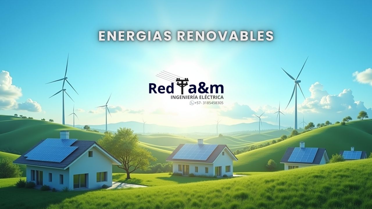 Paisaje con paneles solares, turbinas eólicas y una hidroeléctrica, representando el uso de energías renovables en Colombia.