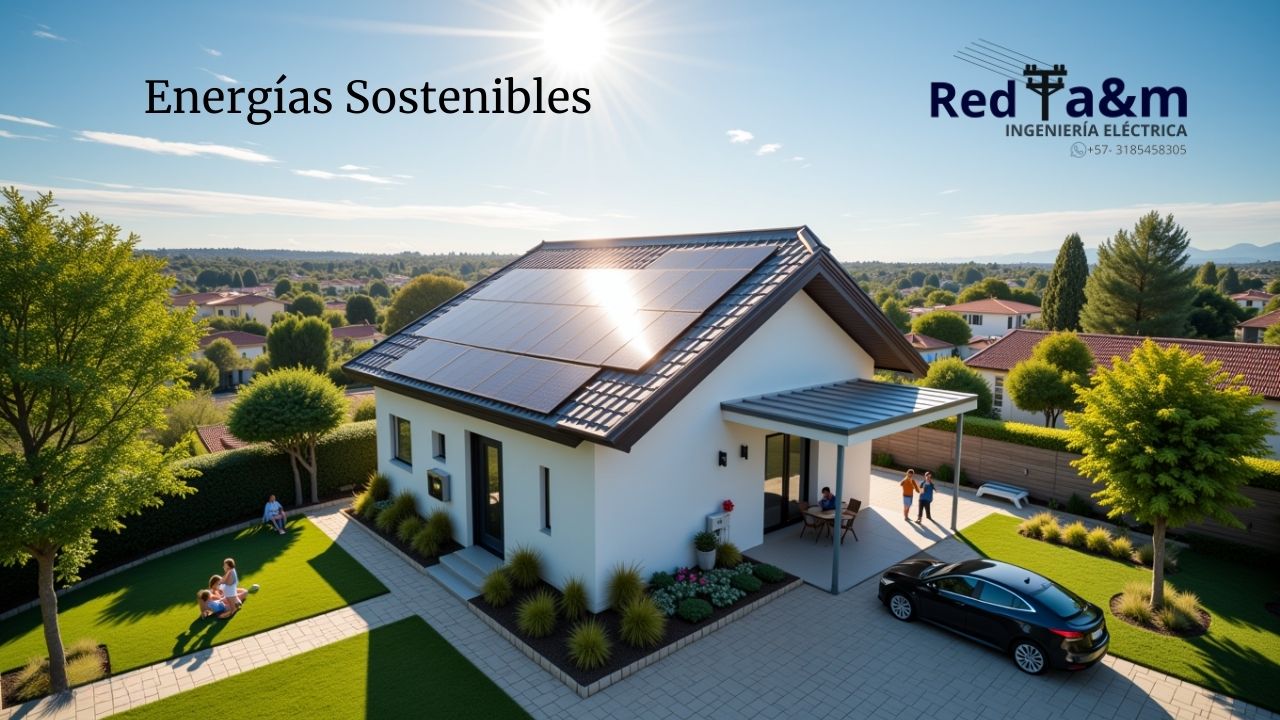 Casa moderna con paneles solares en el techo, rodeada de un entorno verde, representando el uso de energías sostenibles.