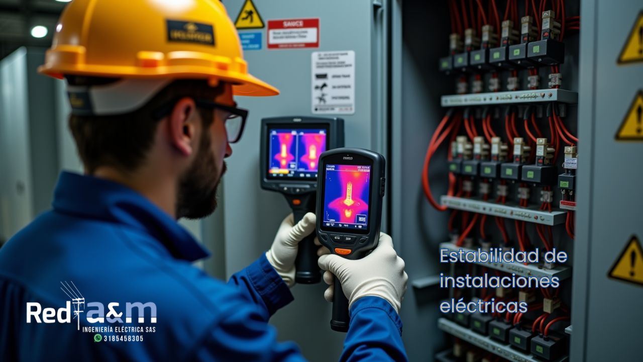 Técnico eléctrico inspeccionando tablero con cámara termográfica para garantizar la estabilidad de instalaciones eléctricas.