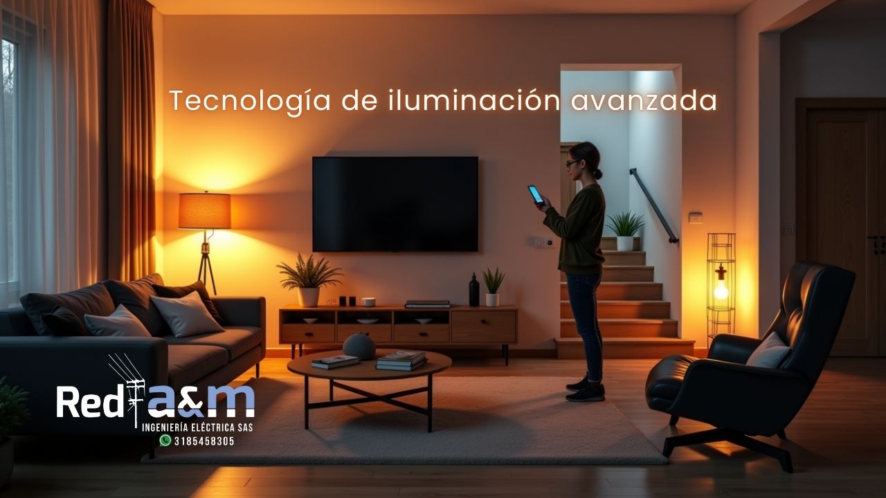 Sala moderna con iluminación inteligente, construida por Red a&m, automatizada controlada desde un smartphone.