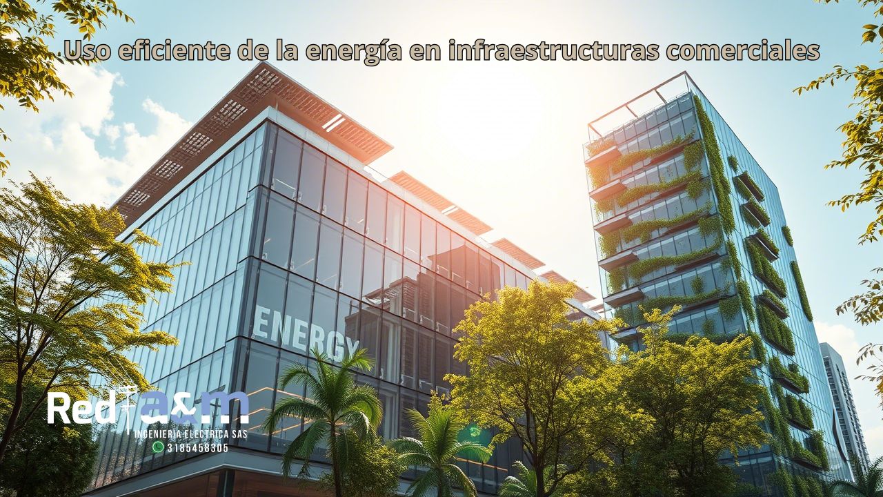 Eficiencia energética en edificios comerciales con paneles solares y sistemas de automatización.