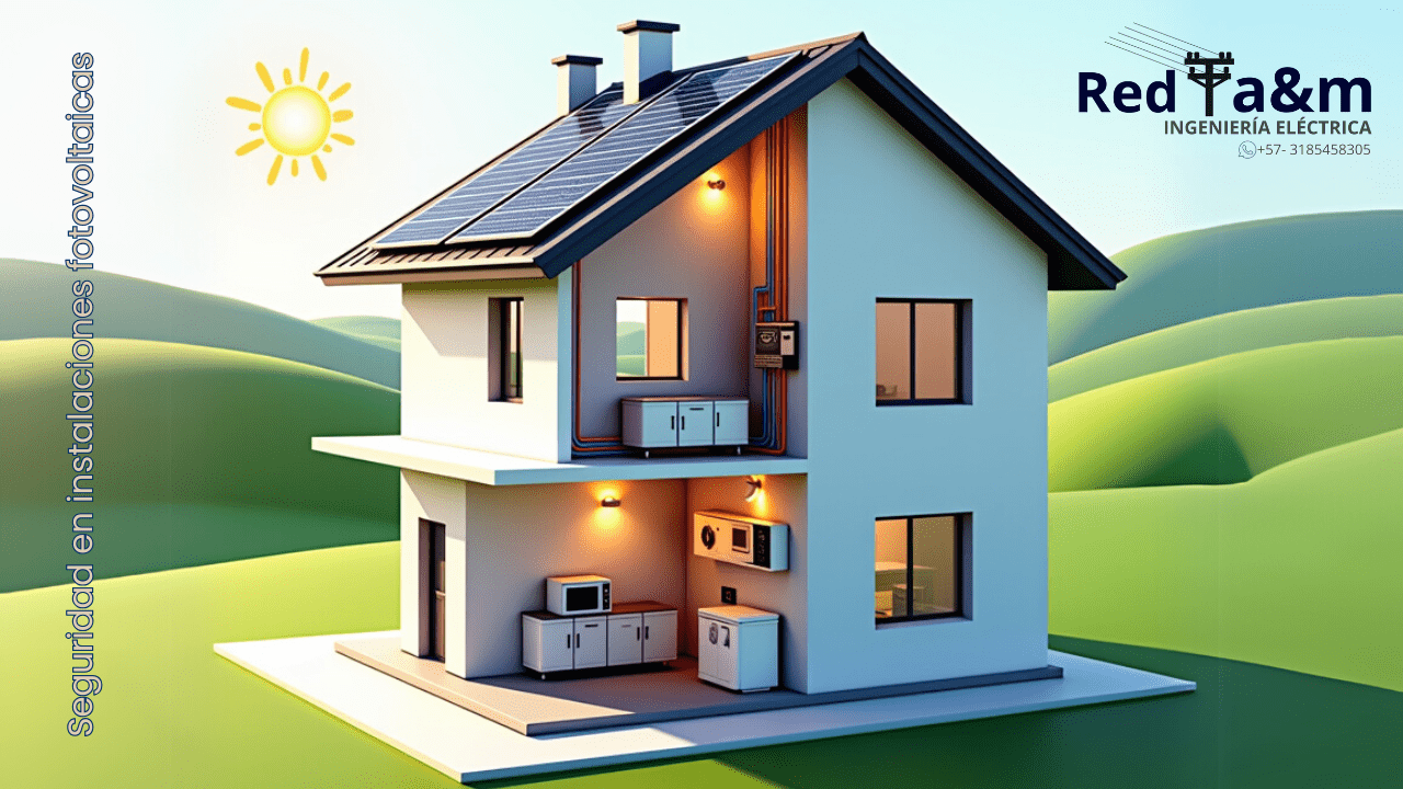 Esquema de casa y flujo de energía que reduce los riesgos en sistemas solares fotovoltaicos.